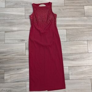 🥁 CDC Long Formal Beaded Dress in Deep Red with Rhinestones